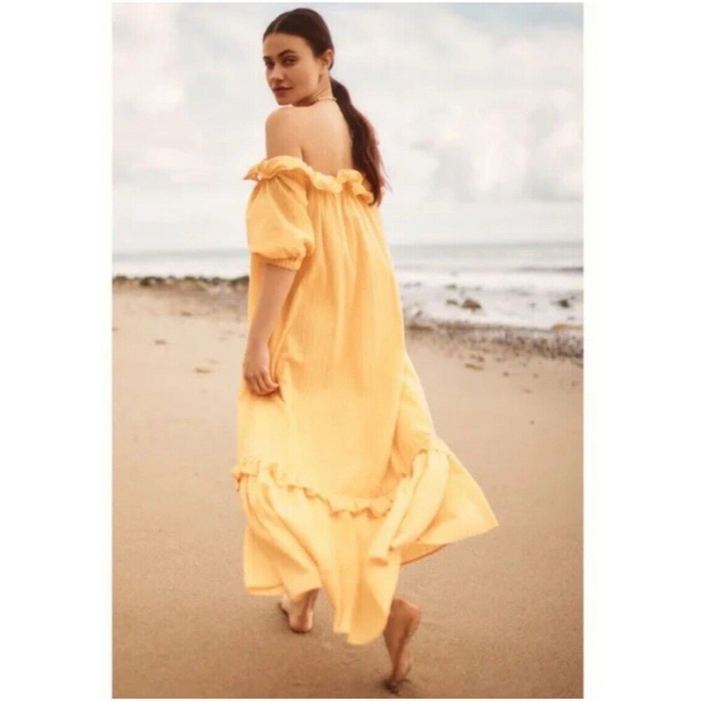Anthropologie Dress S Yellow Maxi Beachy Ruffle Tiered Off Shoulder Gauze Boho - Picture 3 of 14